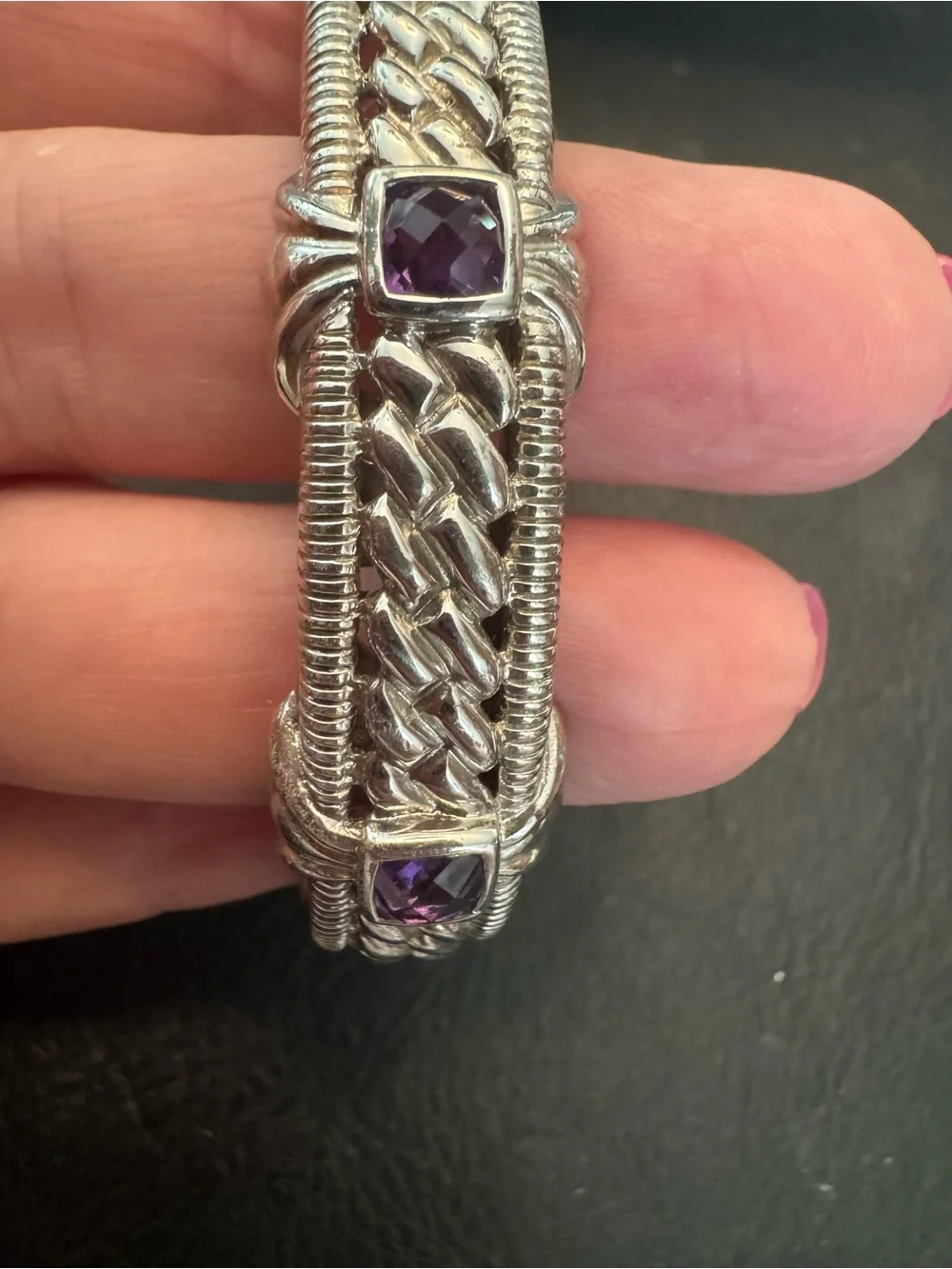 Judith Ripka Silver Braided Open Hinged Cuff with Amethyst stones